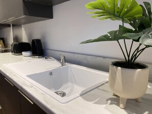 A kitchen with a white sink, a coffee maker, and a potted plant. - Modern 1-Bed Flat, Swindon Old Town (Swindon)