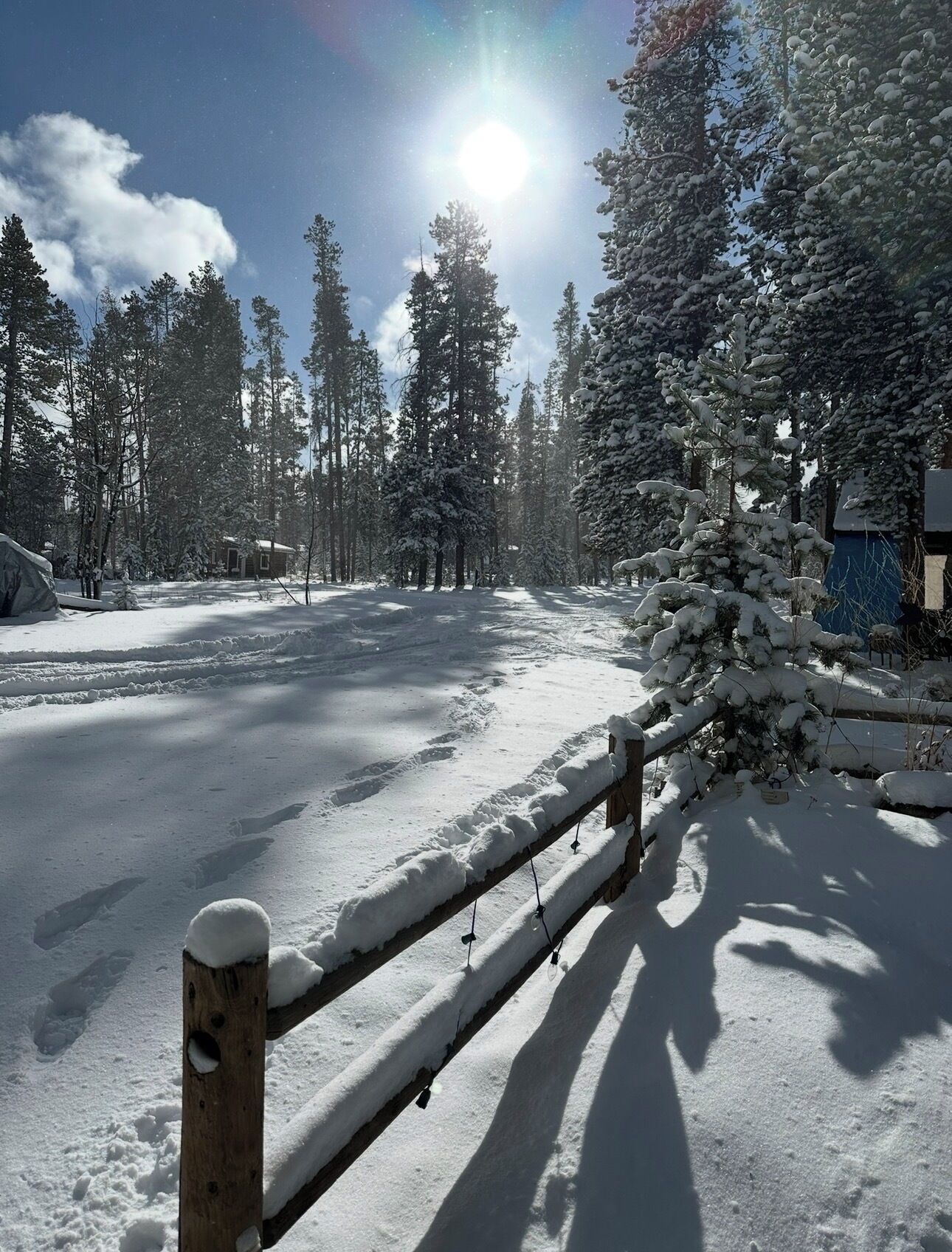 A snowy landscape with a wooden fence and a clear sky.