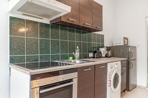 Basic-Apartment | Eigene Küche | Kühlschrank, Mikrowelle, Herdplatte, Kochgeschirr/Geschirr/Besteck