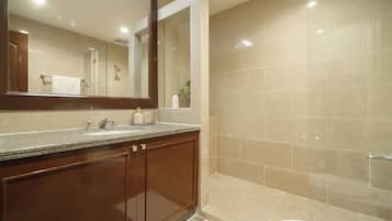 Shower, free toiletries, hair dryer, towels