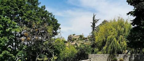 Una piscina rodeada de muros de piedra y abundante vegetación, bajo un cielo azul despejado.