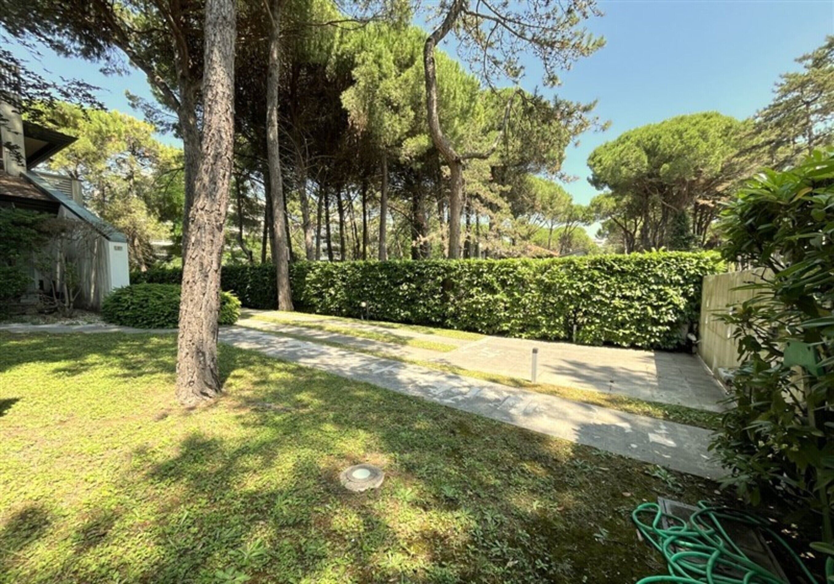 Ein gepflegter Garten mit einem gepflasterten Weg, ordentlich geschnittenen Hecken und ausgewachsenen Bäumen.