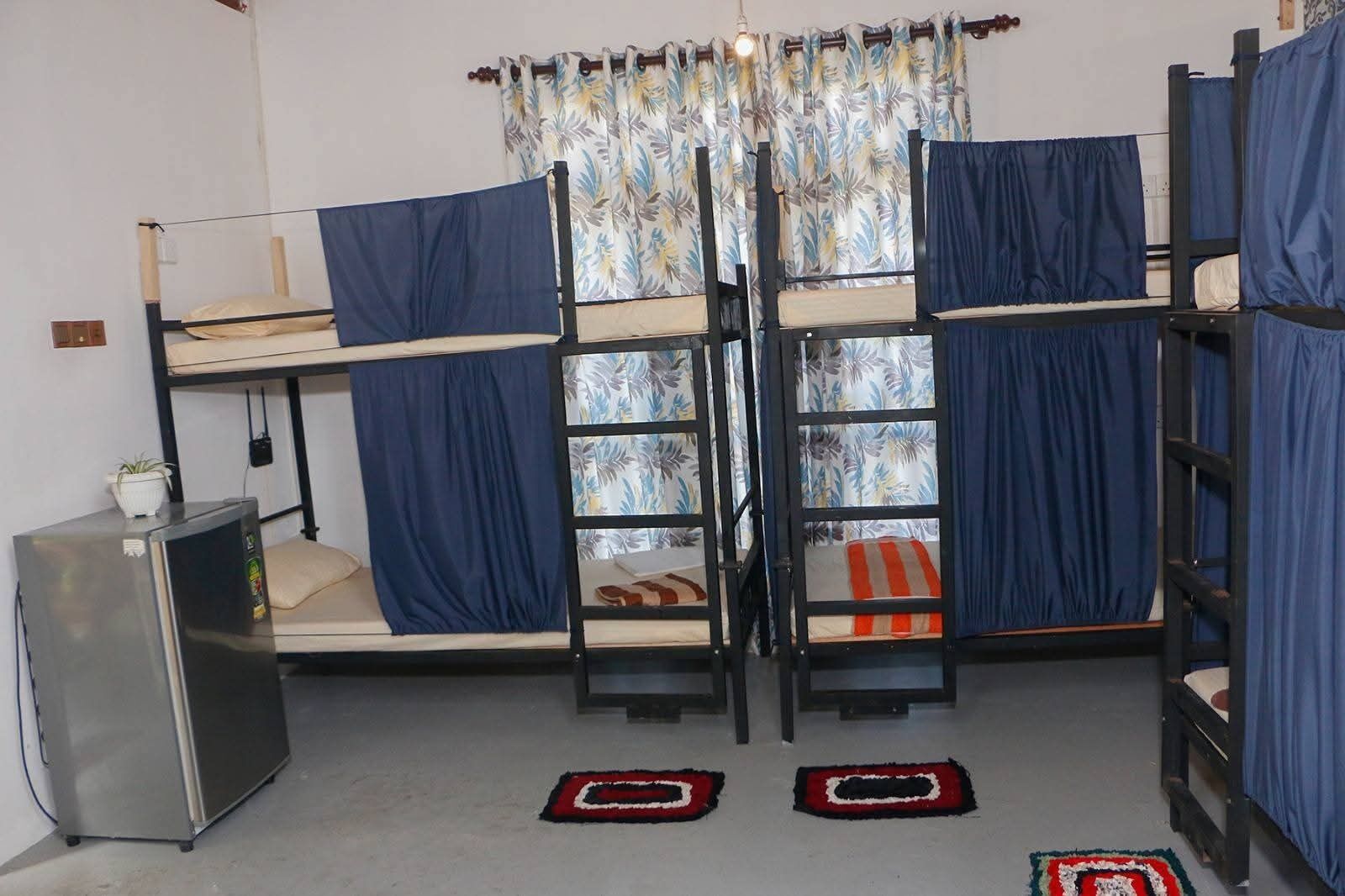 A dormitory room with bunk beds, a small refrigerator, and a curtain with a tropical pattern.