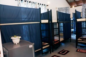 A dormitory room with bunk beds, a small refrigerator, and a potted plant. - Dihein surf Hostel (Ahangama)