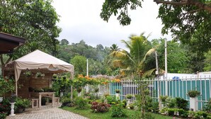 Ein Garten mit einem gepflasterten Weg, der zu einem Gazebo führt, umgeben von üppigem Grün und verschiedenen Pflanzen.