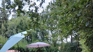 Eine Holzterrasse mit Pool, Gartenmöbeln und einer überdachten Fläche.
