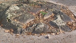 Zwei weiße Lounge-Sessel mit einem kleinen Tisch in einem Gartenbereich mit Kiesweg und Grün in der Ferne.