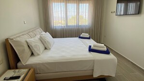 Un dormitorio ordenado con cama, televisor de pantalla plana en la pared y ventana con cortinas.
