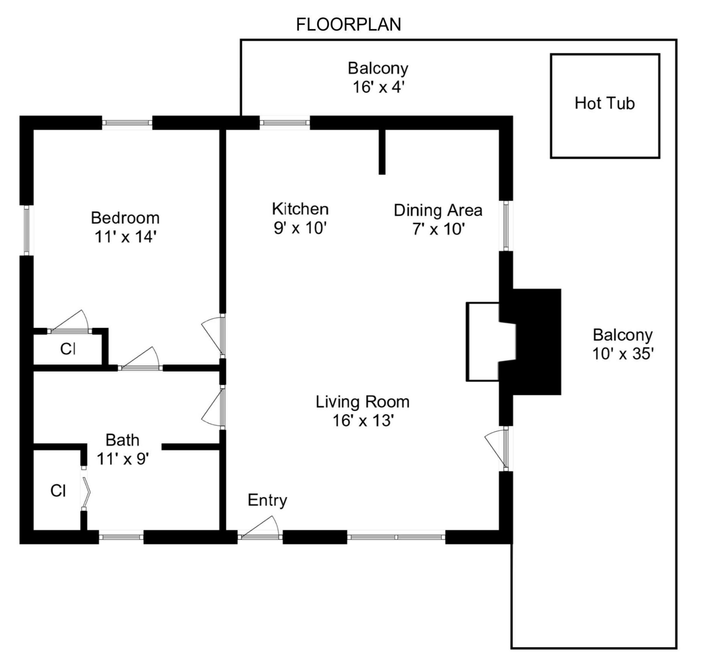Un plan d’étage comprenant une chambre, une cuisine, un coin repas, un salon, deux balcons, une salle de bain et un jacuzzi.