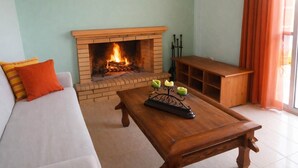Een woonkamer met een open haard, een bank, een salontafel en een houten kast.