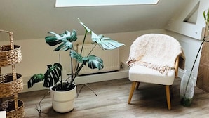 A room with a skylight, a potted plant, a chair, and a woven basket. - Le Petit Cosy - King Size Bed, Quiet & Parking (Vaucelles)