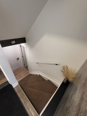A staircase with a brown carpet, white walls, and a black shelf with a decorative plant. - Private 2-brdm basement unit (full bathroomlaundry) (Gatineau)