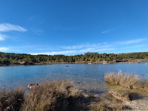 Ein ruhiger See mit klarem Wasser, umgeben von grünen Wiesen und einem bewaldeten Hügel im Hintergrund.