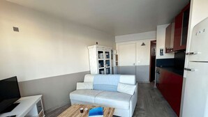 Un espace de vie compact comprenant un canapé, une table basse, un téléviseur et un coin cuisine.