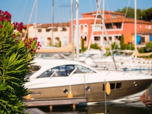 Un puerto deportivo con barcos amarrados, un edificio con ventanas arqueadas y una planta con flores rosadas al frente.