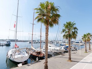 A marina with several sailboats docked, palm trees lining the walkway, and a clear sky. - Studio cabin with pool and port view in Gruissan (Gruissan)
