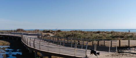 Una passerella di legno curva che conduce a una spiaggia con dune e cielo sereno.