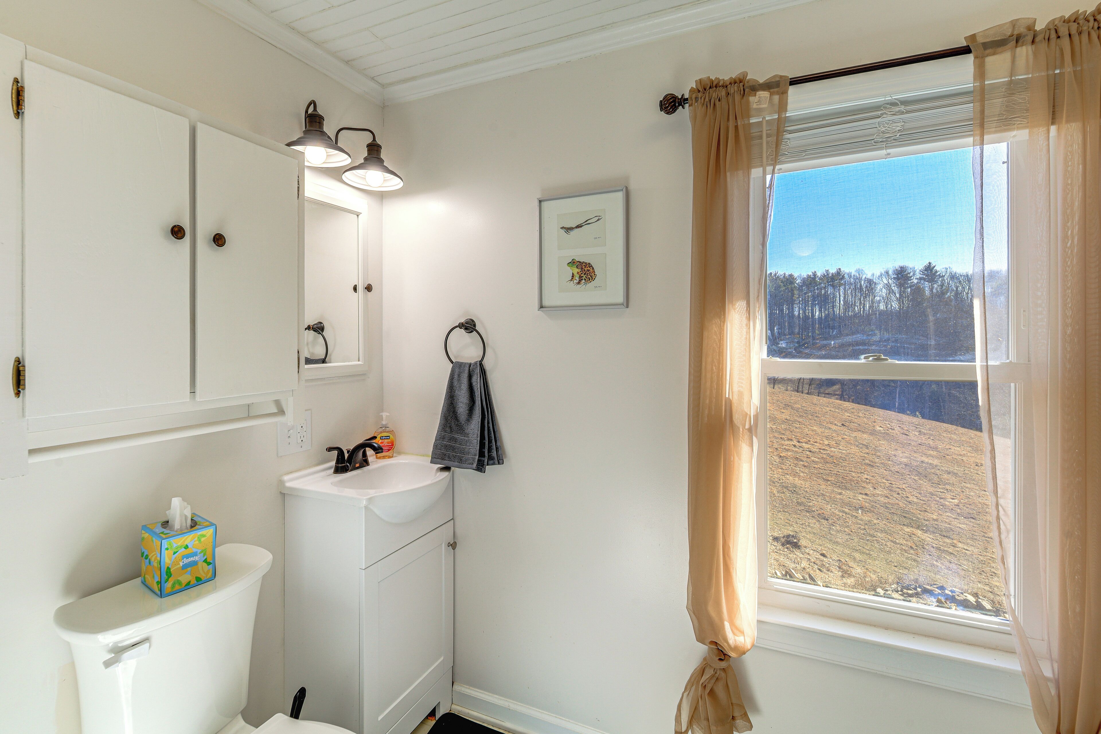 A bathroom with a toilet, sink, and mirror. There is a window with curtains, a framed picture on the wall, and a towel hanging on the wall.