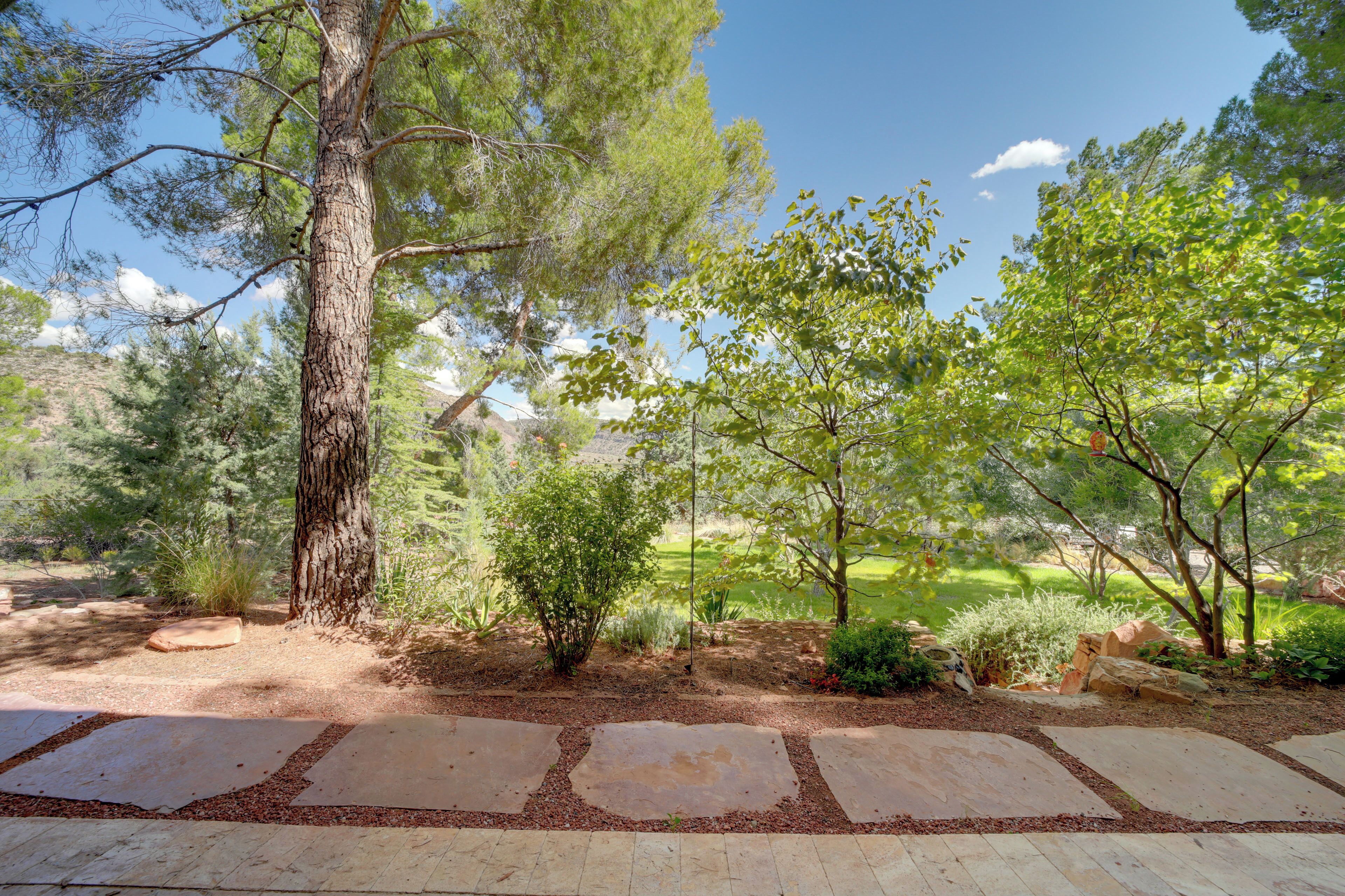 Un jardin aménagé avec un sentier en pierre, des arbres et une pelouse.