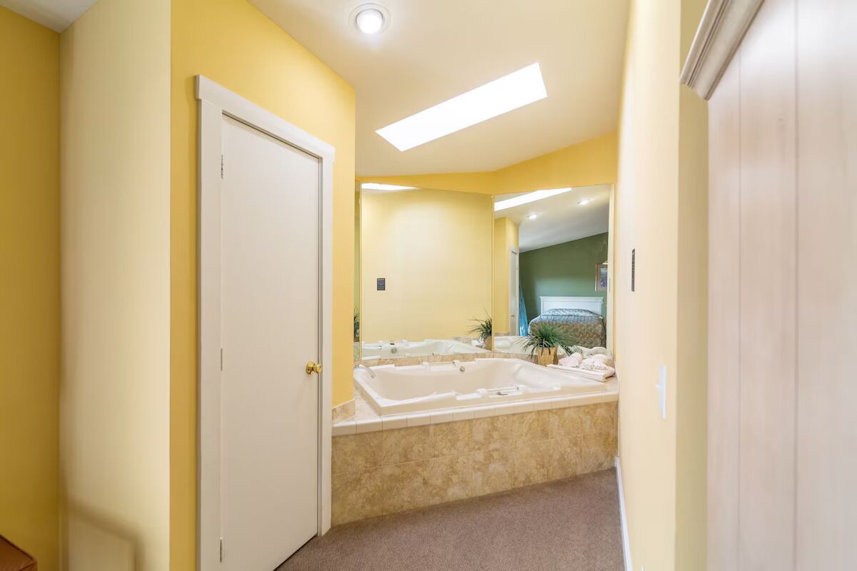 A bathroom with a large bathtub, a door, and a mirror reflecting a bed and a plant.