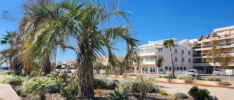 Ett bostadsområde med en palmtree, en gångbana av betong och en flervåningsbyggnad med balkonger.