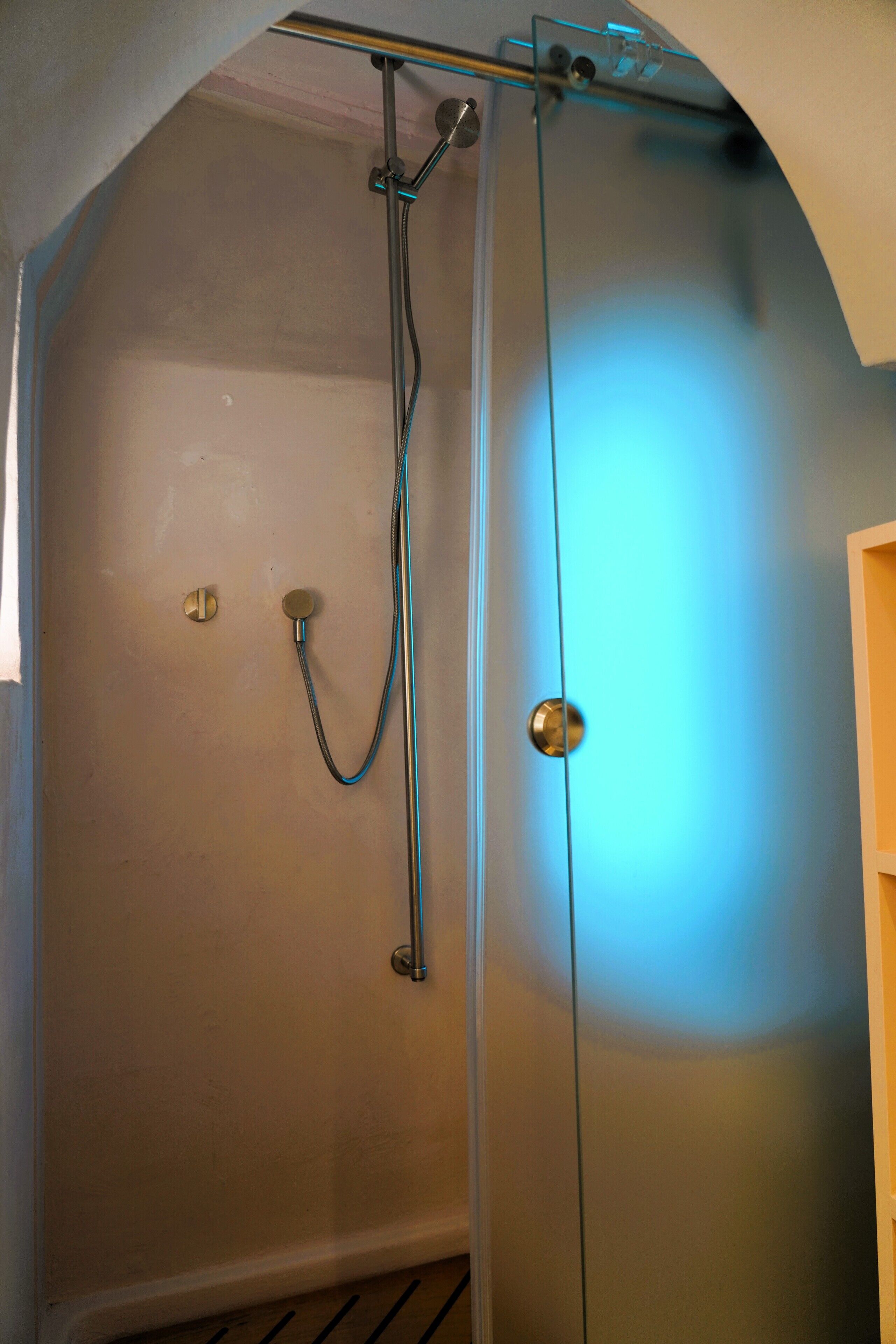 Una doccia con porta in vetro e maniglia in metallo.