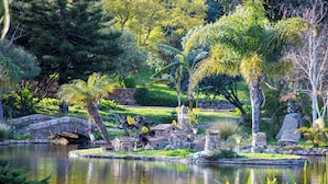 A serene garden with a pond, stone bridge, and tropical plants. - Villa del Borgo-Private pool, exclusive park, authenticity and luxury by the sea (Sardegna)