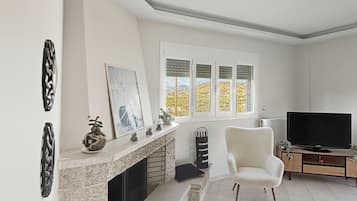 Televisio, takka, kirjoja