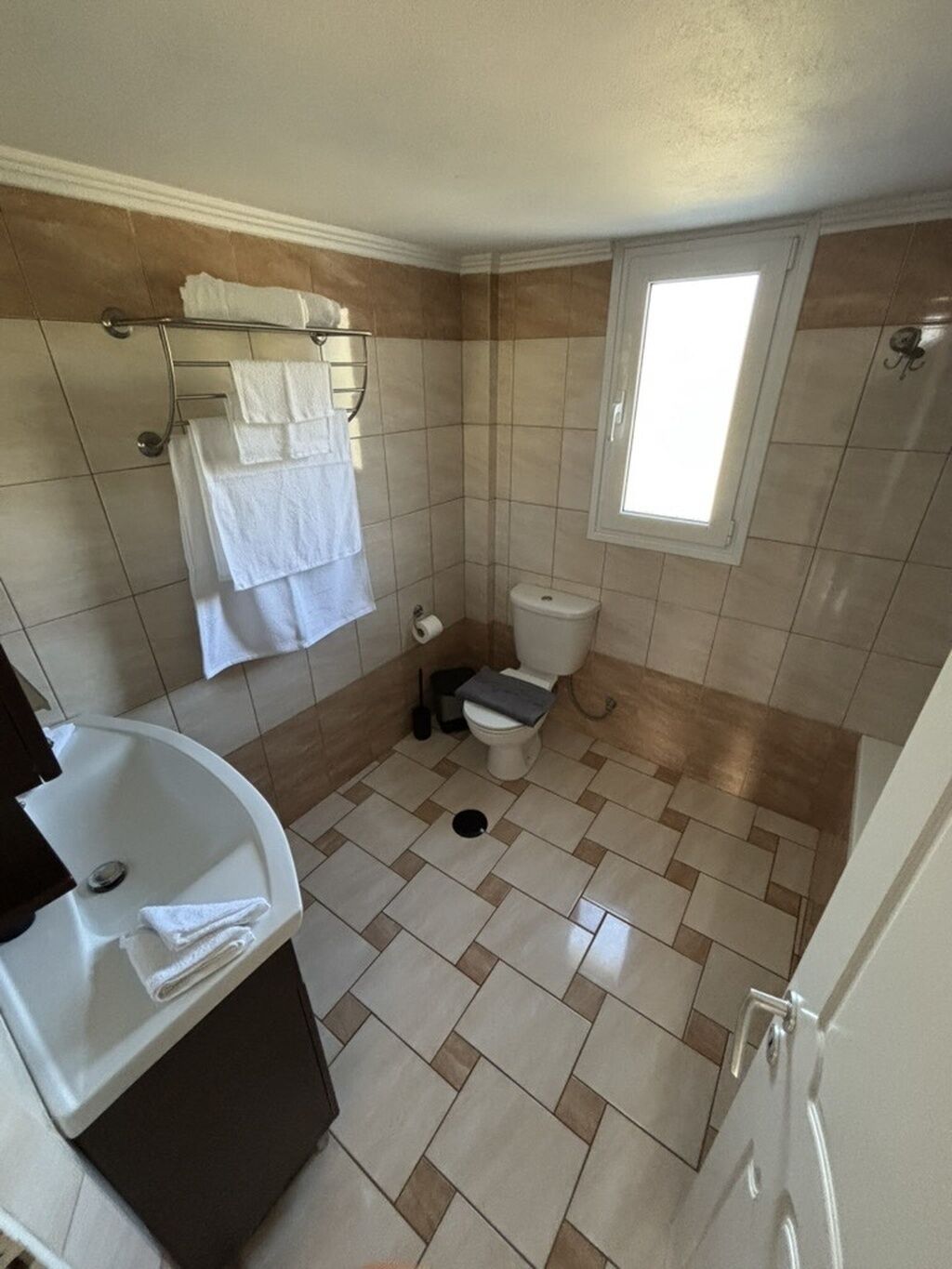 Un baño pequeño con inodoro, lavamanos y un perchero para toallas.