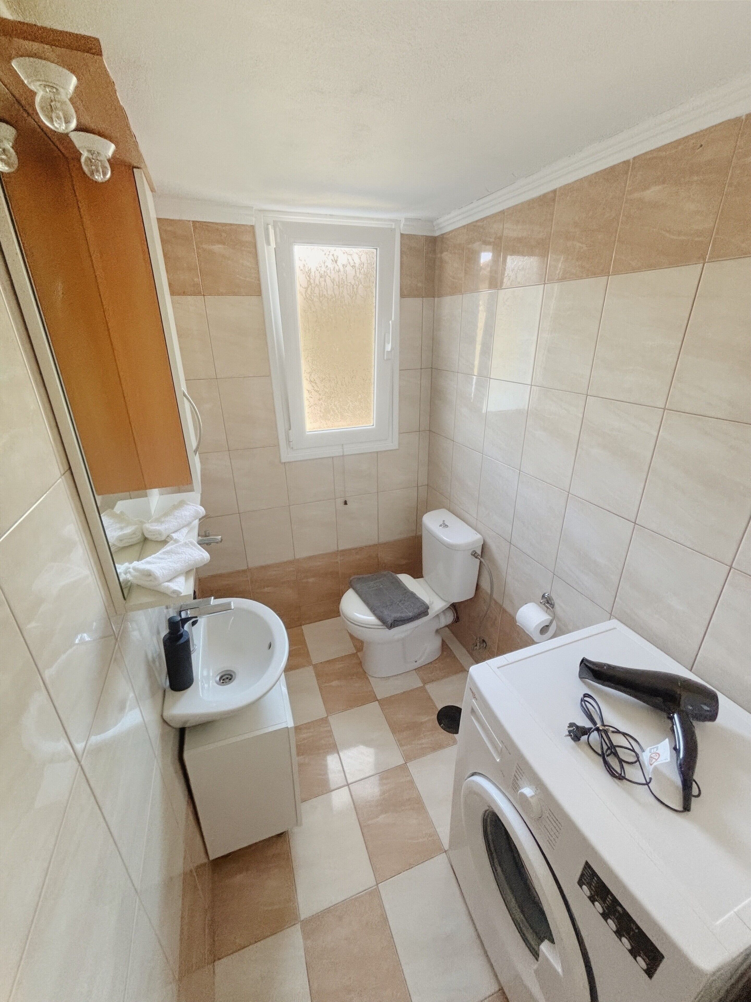 Ein kleines Badezimmer mit Waschbecken, Toilette und Waschmaschine.