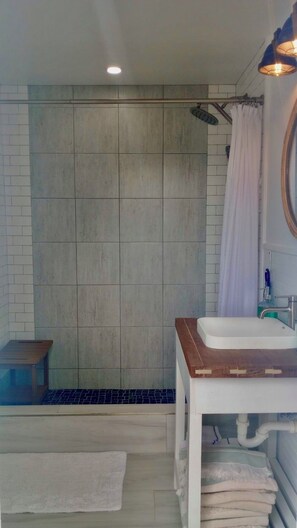 Shower, hair dryer, towels