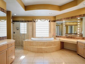 Shower, hair dryer, towels, shampoo