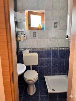 A small bathroom with a toilet, sink, and shower. - Rooms Pelister Mountain Escape Waterfalls & Mountain View’s,Hiking,Near Bitola (Bitola)
