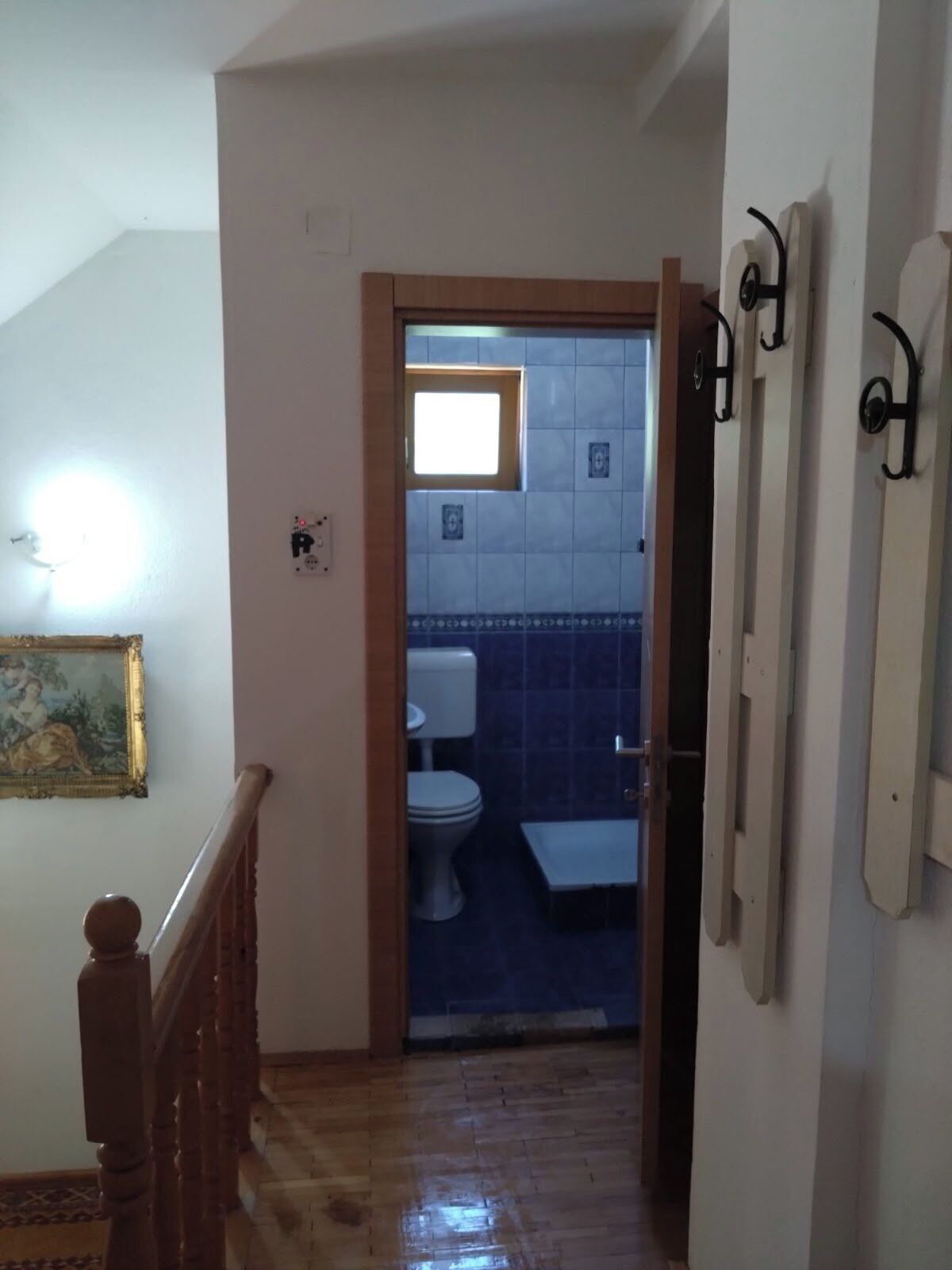 Un corridoio che porta a un bagno con il water e un lavabo, pavimento in legno e una piccola finestra.