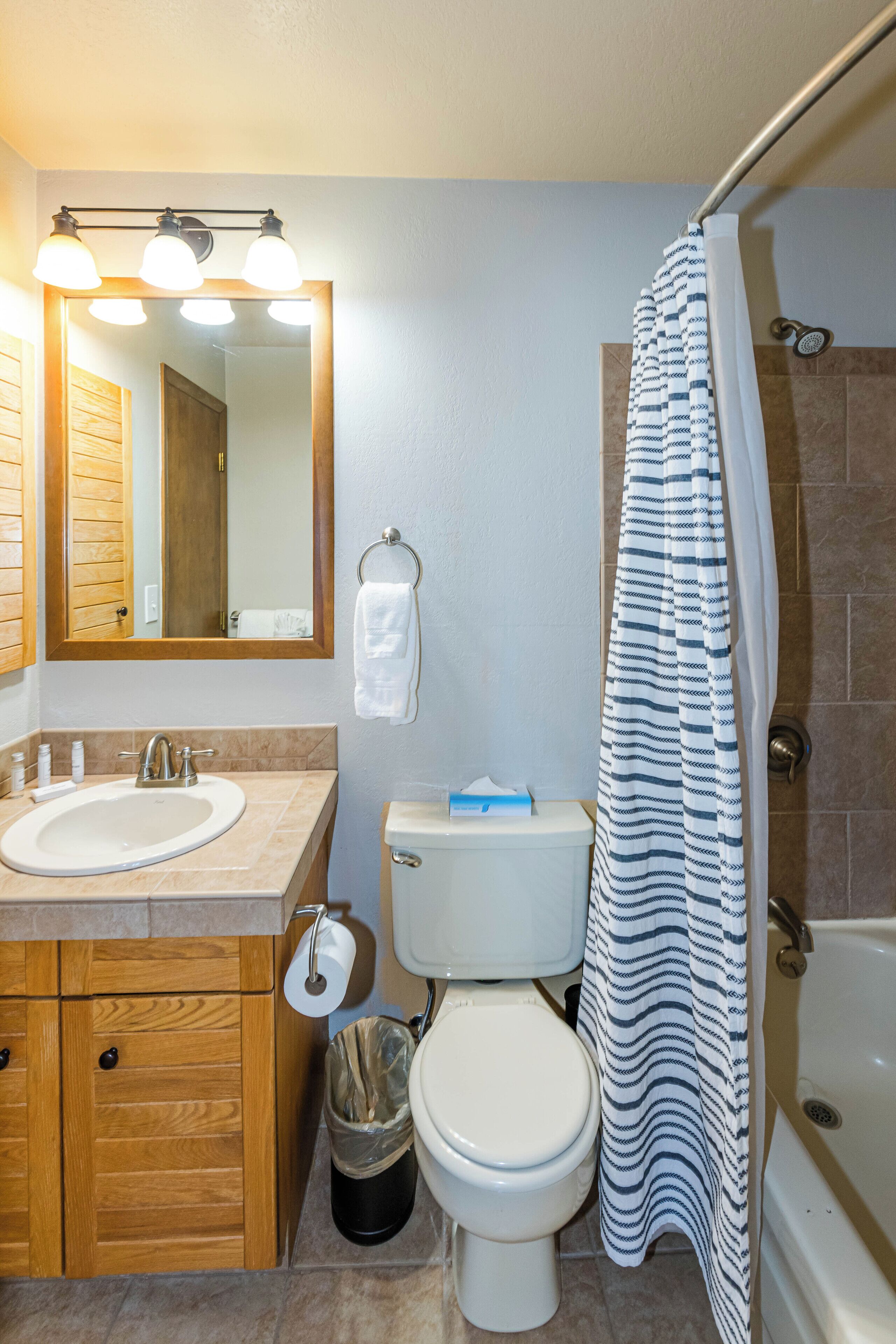 A bathroom with a sink, mirror, toilet, and bathtub.