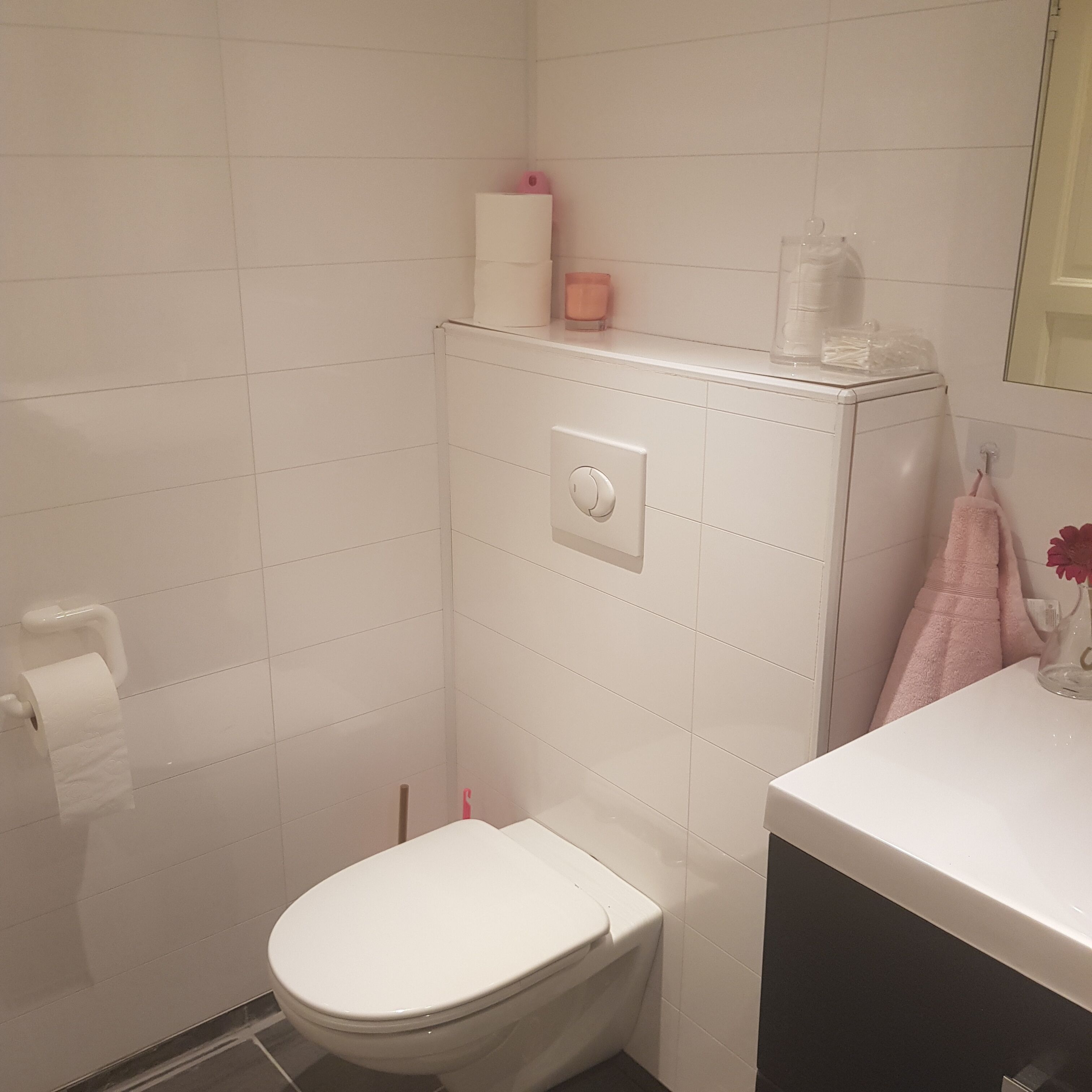 Un baño pequeño y blanco con inodoro, un perchero con una toalla rosa y un recipiente de vidrio sobre el lavabo.