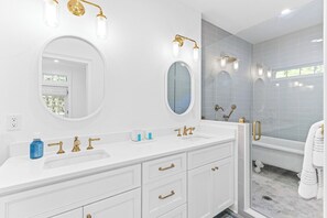 Shower, hair dryer, towels - "One Particular Harbor" 5 BR BHI Club 5 Porches New Rental 2026 (Bald Head Island)