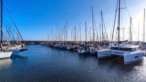 Ein Yachthafen mit zahlreichen Segelbooten in ruhigem Wasser.