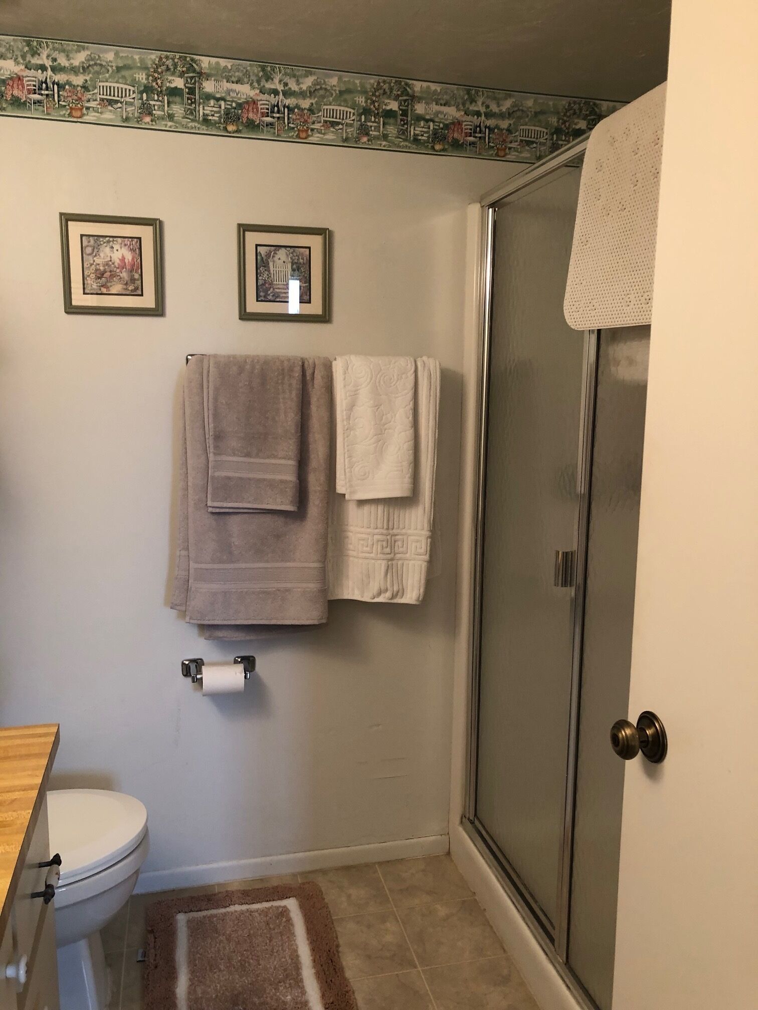 Een badkamer met een toilet, een douche en twee foto's in een lijst aan de muur.