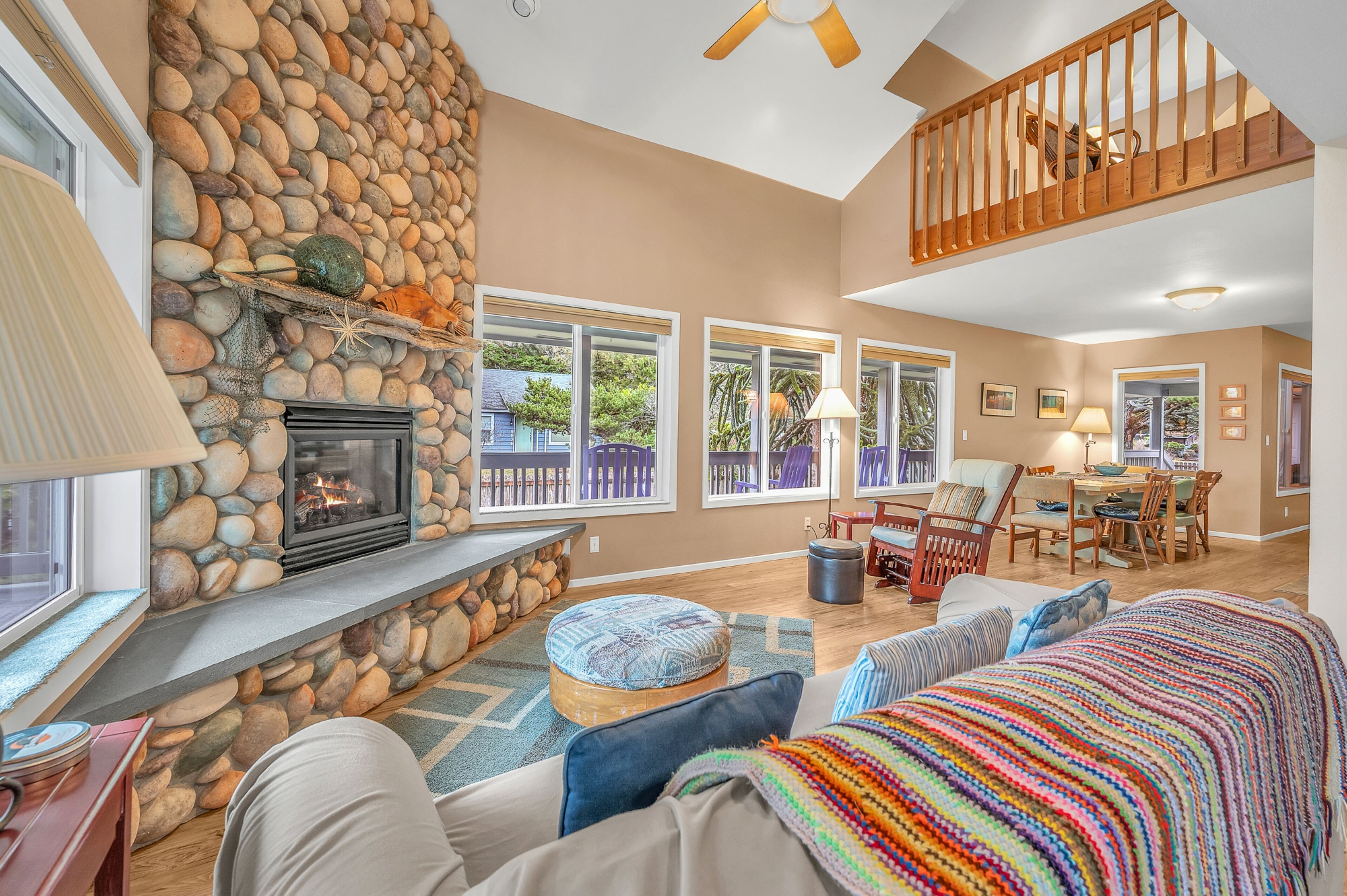 TV connectée, cheminée, lecteur de DVD, livres