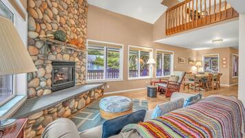 TV connectée, cheminée, lecteur de DVD, livres