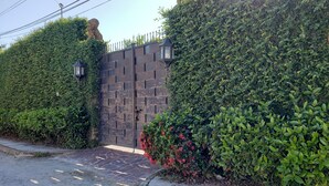 A gated entrance with a stone wall and a hedge.