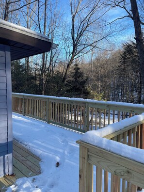 A wooden deck with snow accumulation, surrounded by trees and a clear sky. - Designer Cottage in the Woods • Hot Tub • Fireplace • Fire Pit • Near Lake (Cresco)