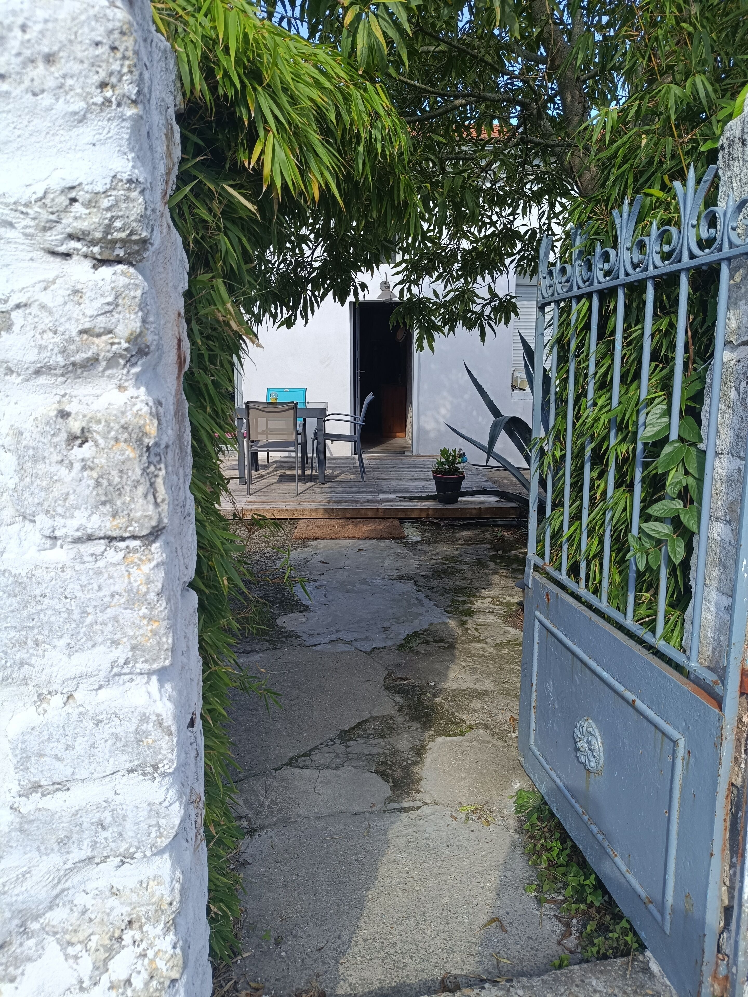 A pathway leading to a building with a metal gate, a table with chairs, and a potted plant.