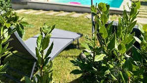Ein Poolbereich mit großem Sonnenschirm, Liegestühlen und einem Schwimmbecken im Hintergrund.