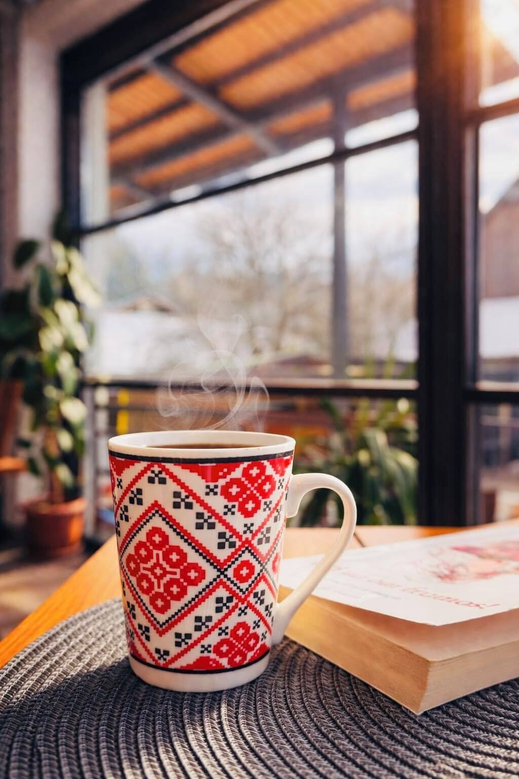 Uma caneca com padrão geométrico, vapor subindo e colocada sobre um jogo americano trançado.