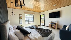 Une chambre moderne avec un grand lit, un téléviseur fixé au mur et une fenêtre laissant entrer la lumière naturelle.