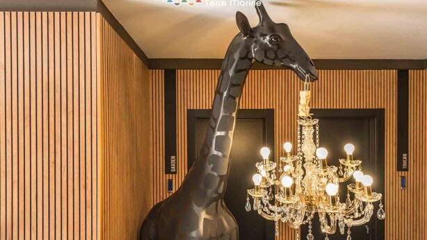 A giraffe statue next to a chandelier in a room with wooden paneling and a door labeled "GARDEN". - Welcome to City Jungle, the guesthouse that transforms your stay into an exotic adventure!Located in the heart of the city, City Jungle offers a unique experience with three rooms, each designed to make you feel immersed in wild nature.At the entrance yo (La Spezia)