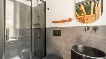 Shower, bidet, towels, toilet paper