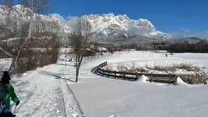 Et snøklædt landskab med klar himmel, et træhegn og et vejskilt.